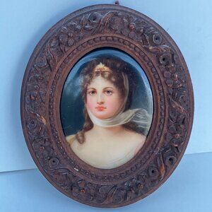 Miniature Queen Louise Portrait on Porcelain Oval in Ornate Wooden Frame